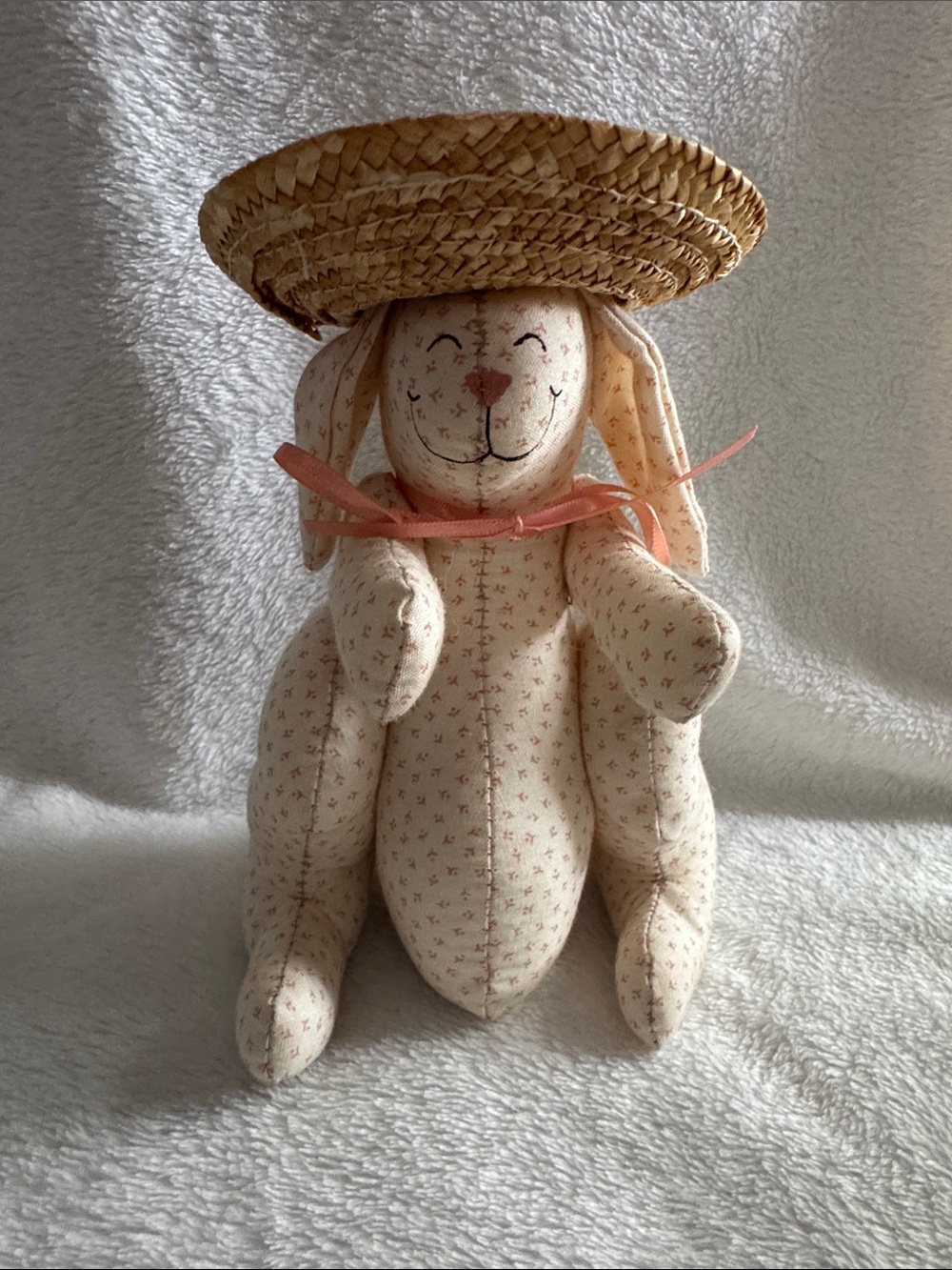 Vintage 90s Country Calico Fabric Easter Bunny Plush Stuffed Animal Straw Hat